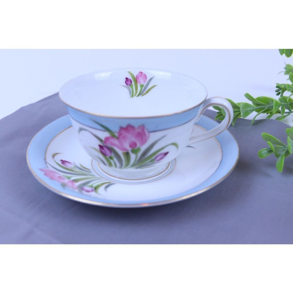 Antique 1940's Merit Teacup & Saucer White Blue Pink Floral Made Occupied Japan